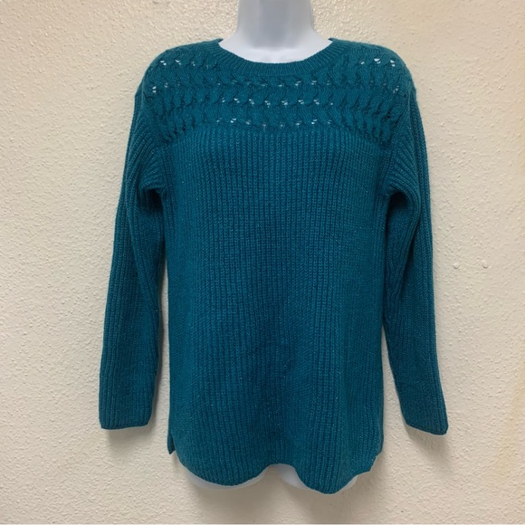 WOMEN'S ST. JOHNS BAY TEAL SWEATER WITH GLITTER THREAD SZ MEDIUM STRETCH KNIT - Picture 2 of 8
